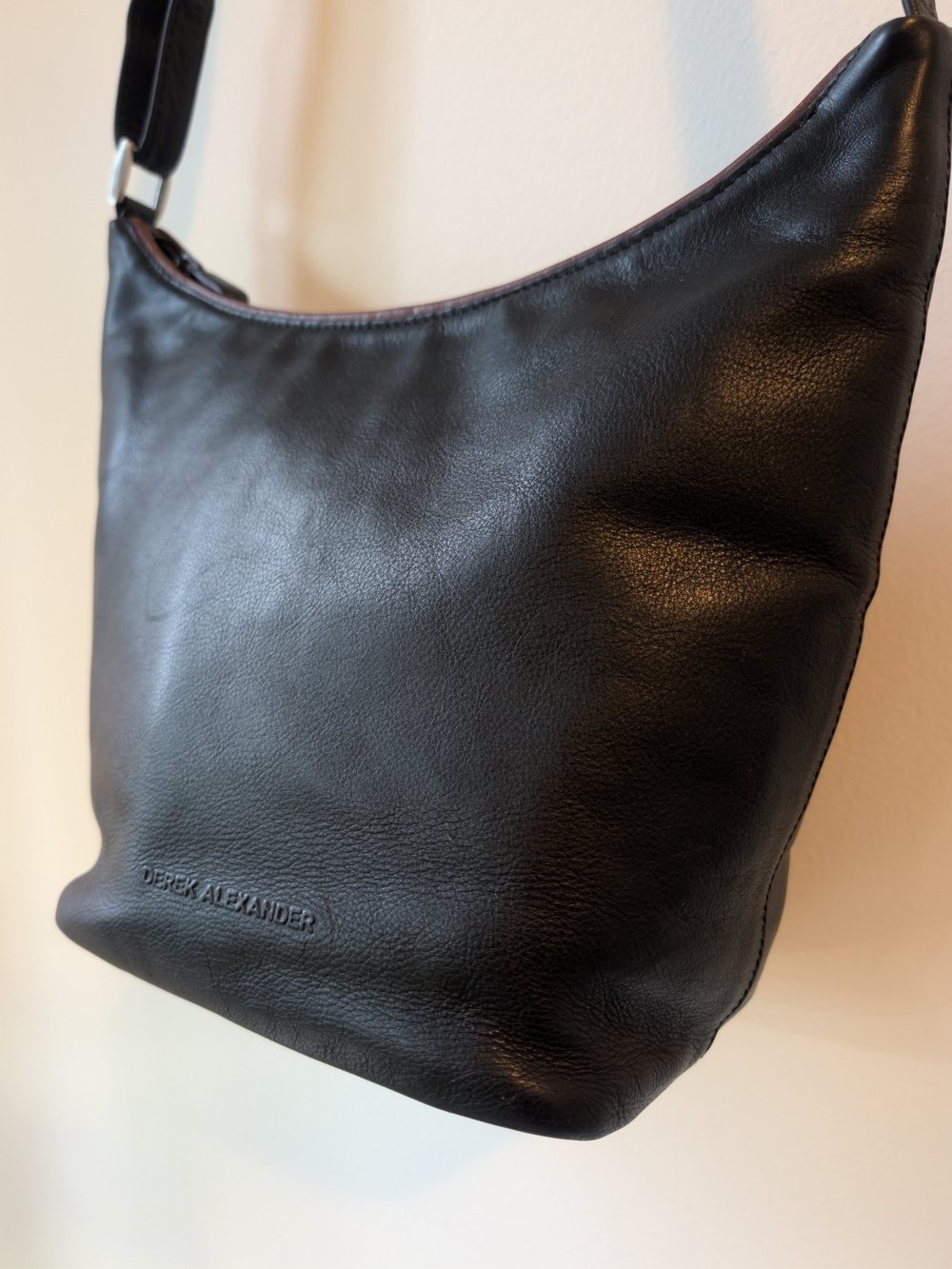 Derek Alexander Black Leather Crossbody Shoulder Bag Double Zip Pockets